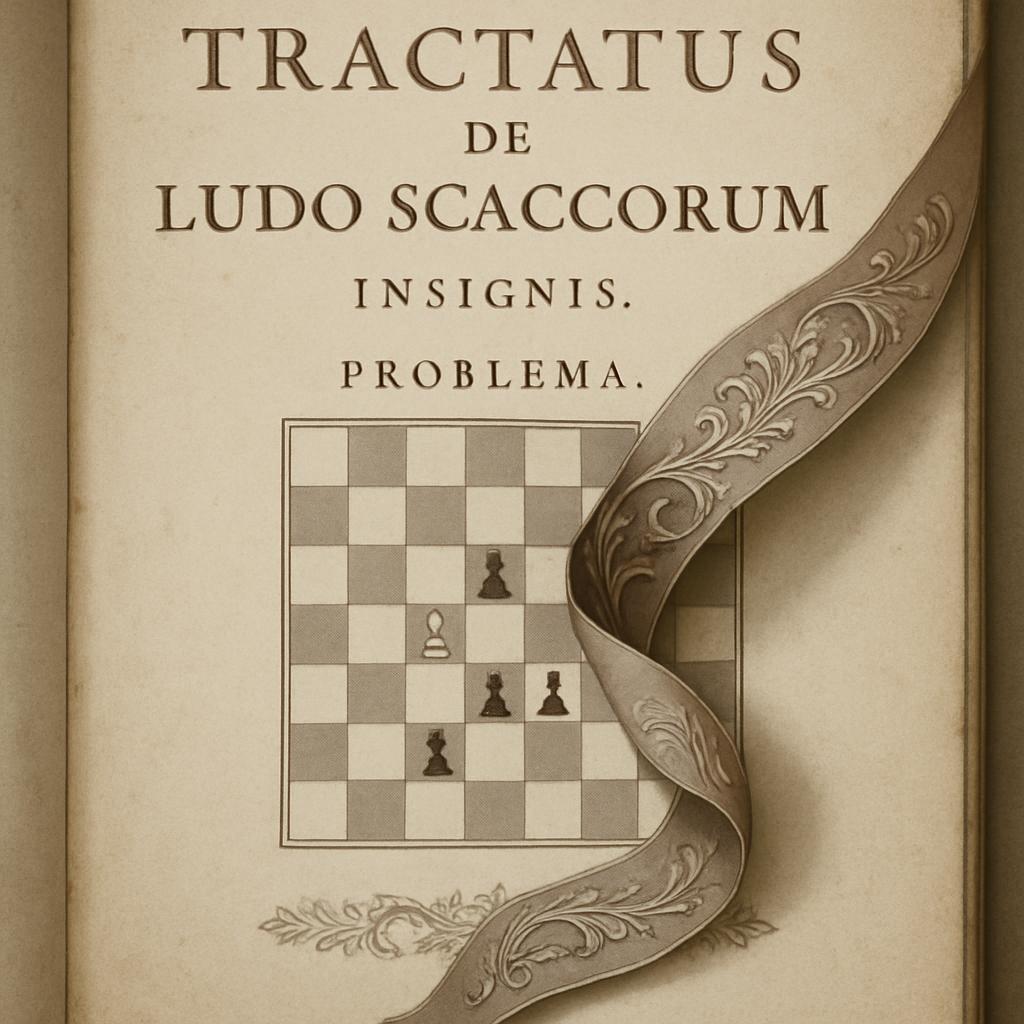 A page from an old book on chess, with the title 'Tractatus de Ludo Scaccorum,' an altered representation of the board, an...
